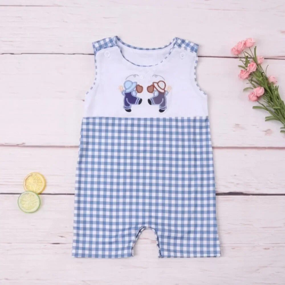 Boutique Baseball Baby Boys Blue Plaid Romper Jumpsuit Shortalls Overalls